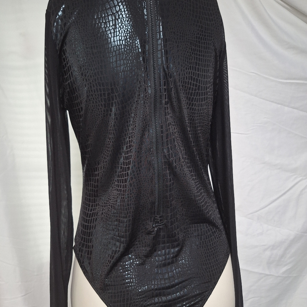 Black Long Sleeve Bodysuit with Textured Crocodile Design with Mesh Sleeves- L - Picture 6 of 8